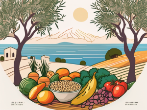 A vibrant mediterranean landscape featuring a variety of fiber-rich foods such as whole grains