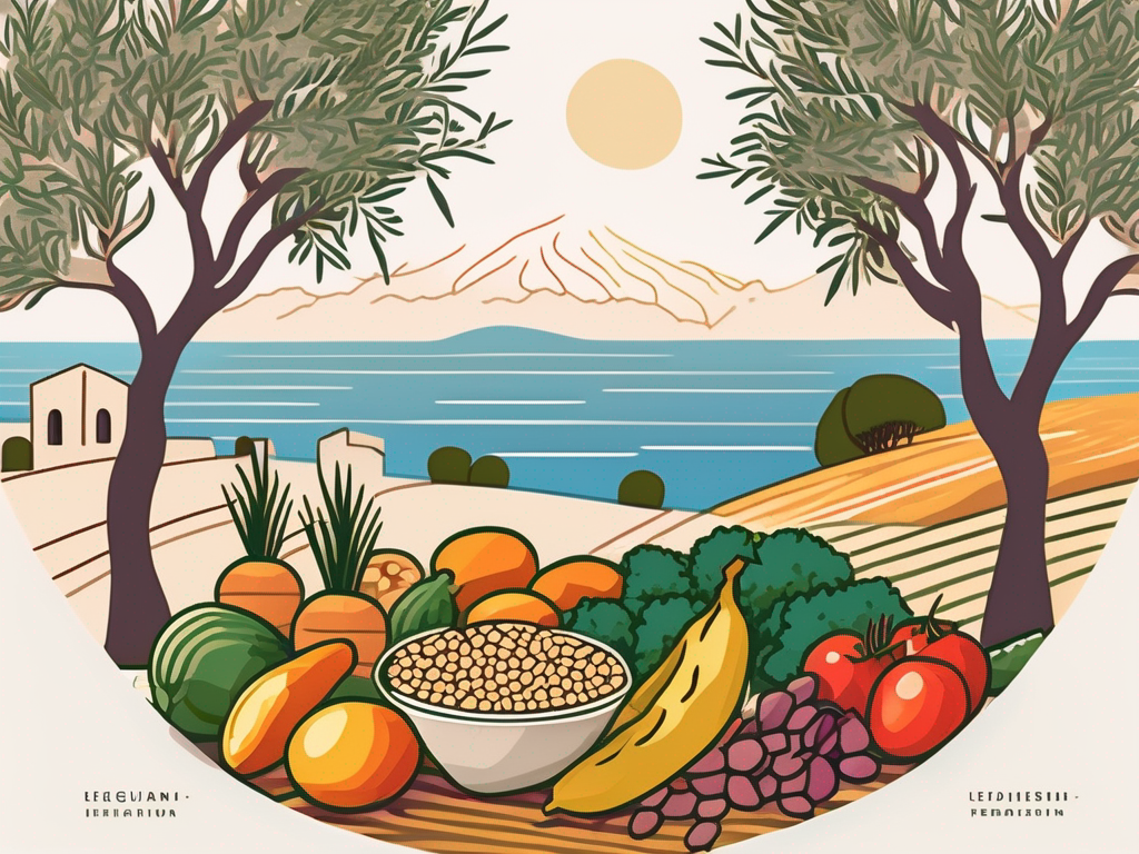 A vibrant mediterranean landscape featuring a variety of fiber-rich foods such as whole grains