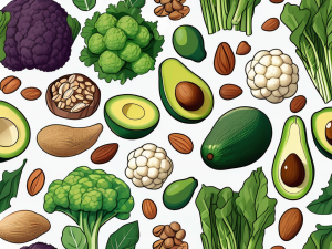 A vibrant assortment of fiber-rich foods such as leafy greens